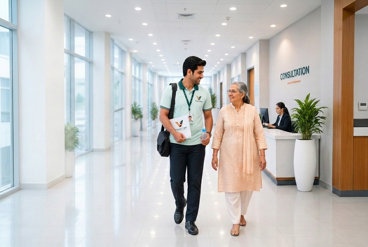 Vyora Care companion assisting an elderly patient at the hospital